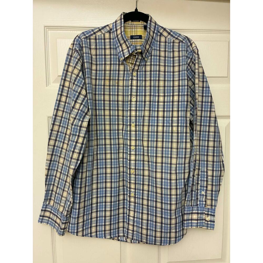 IZOD Men's Large Plaid Button Down Shirt Blue‎ Tan Long Sleeve Cotton